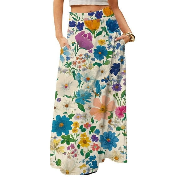 WTOBBY Women's Travel-Friendly Foldable Floral Print High Waist Casual Skirt with Pocket, Draped Relaxed Long Maxi Leisure Skirt for Cruise Trips and Explorations,Blue L