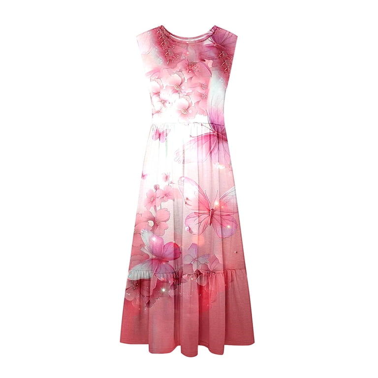 SDNall Flowy Dresses for Women Butterfly Print Ladies Round Neck Sleeveless  Mid Calf Double Pocket Printed Dress Summer Maxi Dress ,SizesS-2XL -  Walmart.com