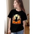 thumbnail image 1 of Halloween T-shirt - Girls' Halloween Black Cat & Bat Print T-Shirt - Soft Breathable Knit Short Sleeve Round Neck Top with Spooky Bats, Witches & Pumpkins Design - Youth Fashion for Teens &am, 1 of 6
