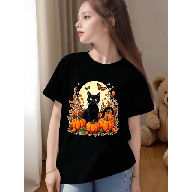 Halloween T-shirt - Girls' Halloween Black Cat & Bat Print T-Shirt - Soft Breathable Knit Short Sleeve Round Neck Top with Spooky Bats, Witches & Pumpkins Design - Youth Fashion for Teens &am