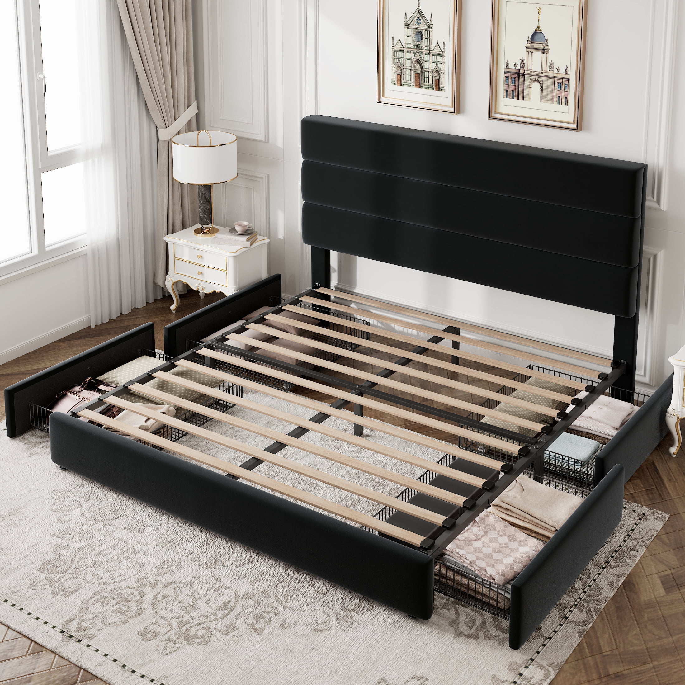 Amolife Queen Size Storage Platform Bed Frame with 4 Drawers & Upholstered Velvet Slat Headboard, Black