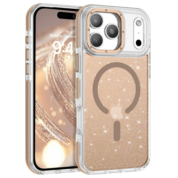 DOMAVER iPhone 17 Pro Max Case 6.9" - Magnetic Clear Glitter Cover, MagSafe Compatible, Shockproof Protective with Camera Lens Protector (Gold)
