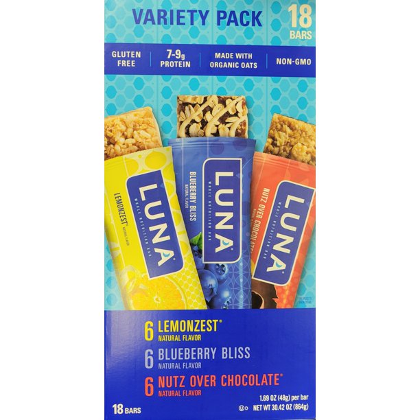 Luna Bar Variety Pack 18 Bars (6Lemonzest/6Blueberry Blisse/6Nutz