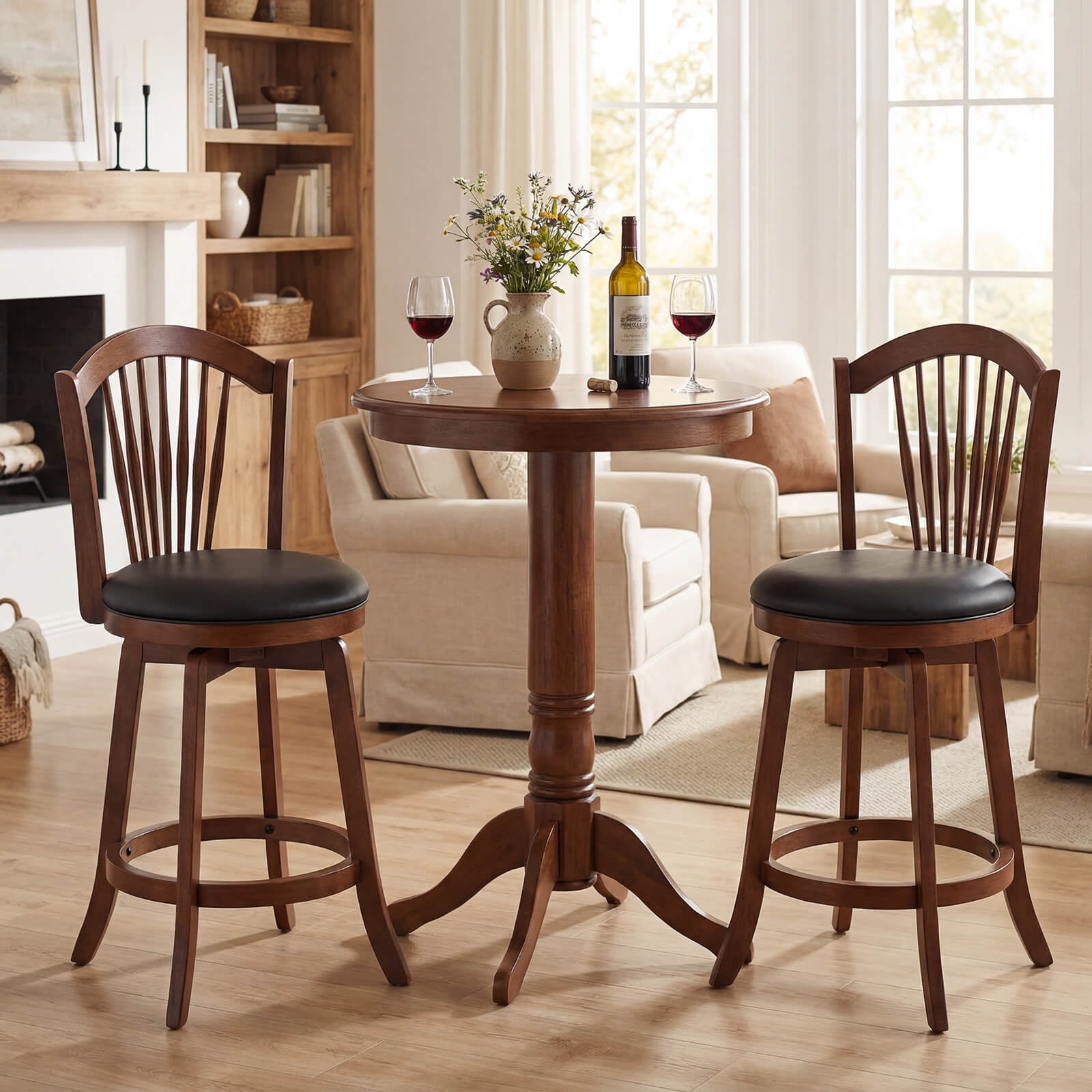 Costway Swivel Bar Stools Set of 4, 25” Counter Height Barstools with Backrests, Wood Frame Brown