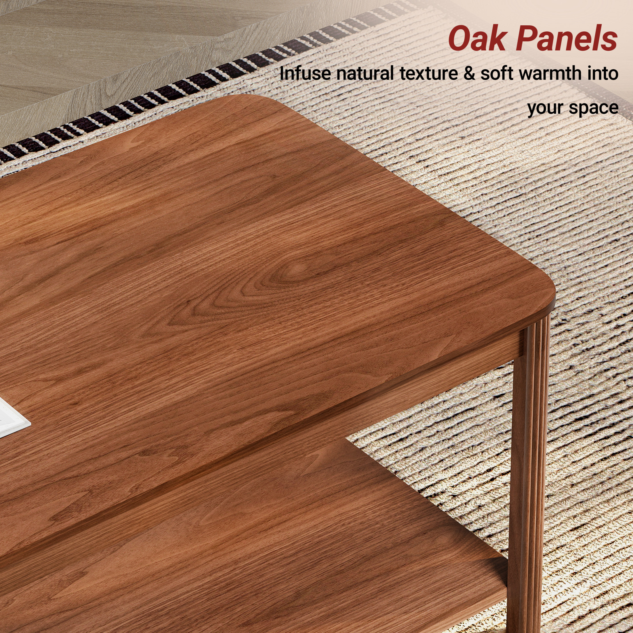 Noble House 39.4" Rectangular Coffee Table with 2-Tier Storage Shelf, Vertical Wave Grain Legs, Walnut