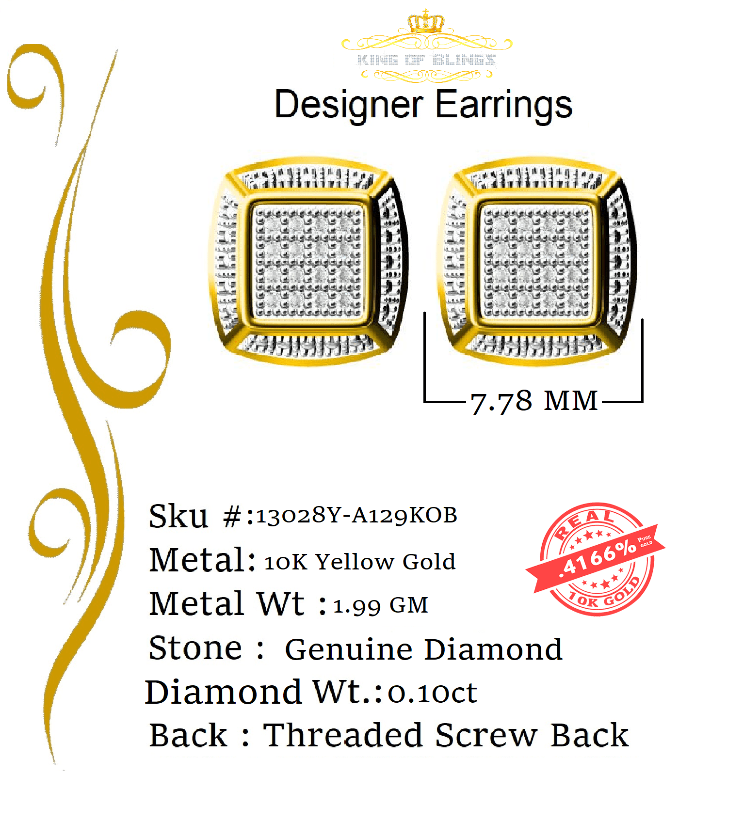 King of Blings 10K Real Yellow Gold with 0.10CT Real Diamond Men/Women Stud Geometrical Earrings
