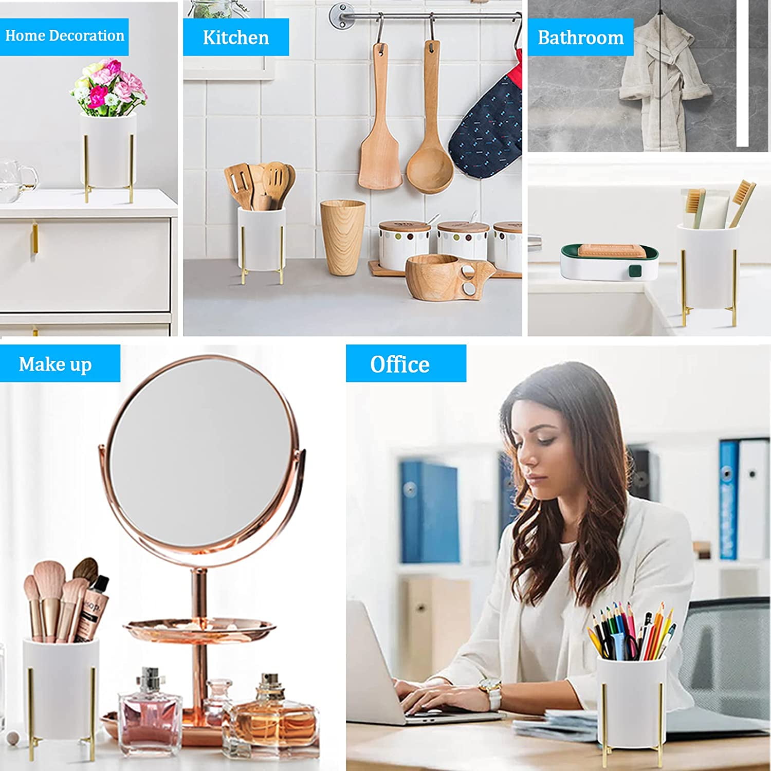 Gold Pencil Cup 2 Pcs White Ceramic Pencil Cup With Sturdy Metal Frame Makeup Brush Holder Decorate your Office Desktop, Classroom, Home, Cute and Elegant 4.7*3.15inch