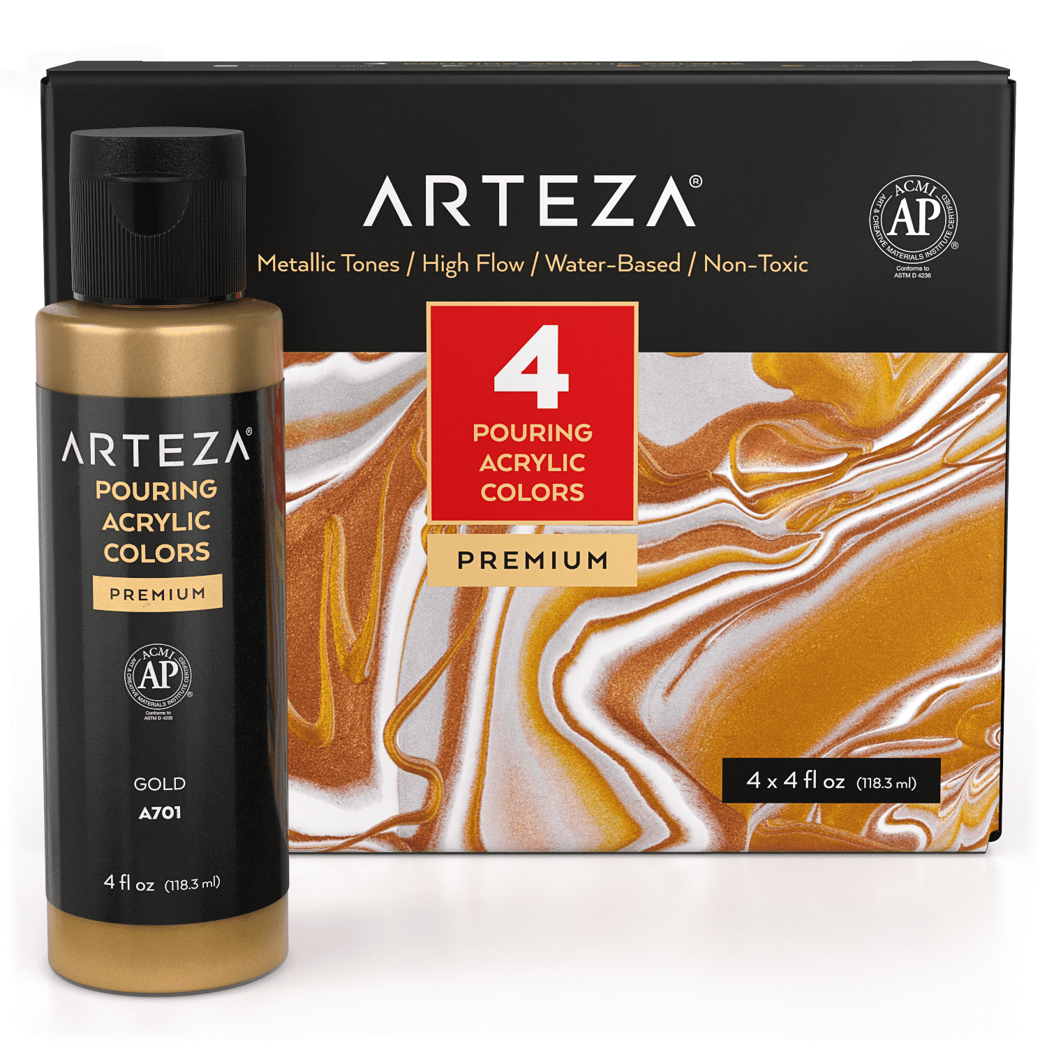 Arteza Acrylic Pouring Paint Kit, 120 ml Bottle Set, Metallic Colors - 4 Pack