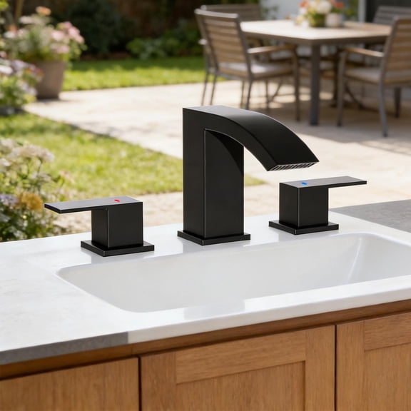 8 in. Widespread 2-Handle Bathroom Faucet, Matte Black with Curved Waterfall Spout, Pop-Up Drain & 3-Hole Sink Installation