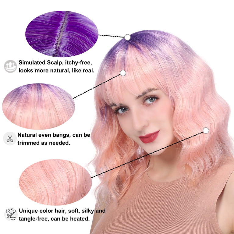 Human hair blend pastel pink bob curly wavy wig Amazon.com : Miuric Light Pink Wig for Women Short Pastel  main image 3