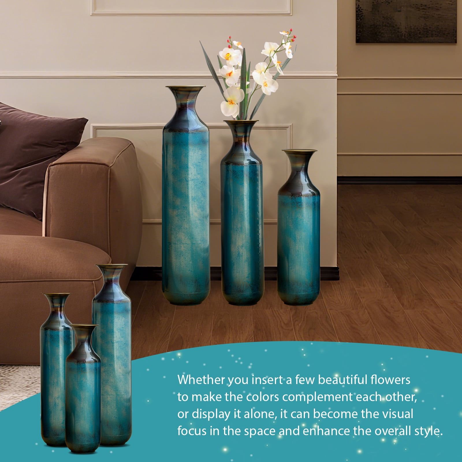 Aukfa Metal Tall Floor Vases for Decoration, Large Floor Vase Set of 3,Droplet Shaped,28.34"/24.4"/20.4"H,Aqua Blue