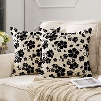 18"x18" Set of 2 Black and White Floral Linen Pillow Covers – Modern Decorative Throw Pillowcases for Sofa, Couch, Living Room, Bedroom