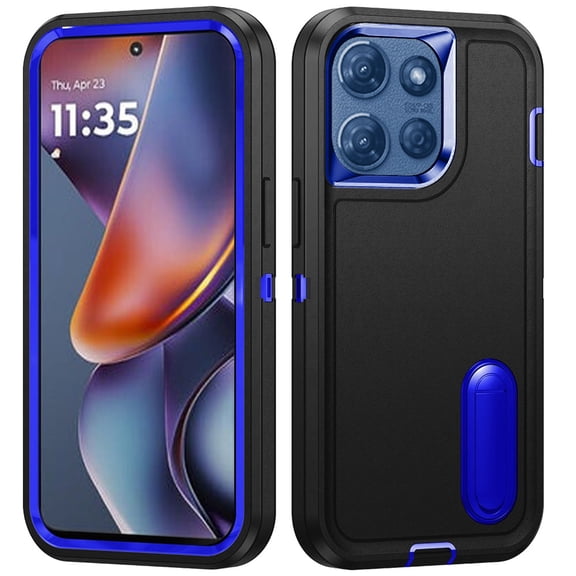 For Motorola Moto G Power 5G 2025 Case, Hybrid 3 Layers Hard 3in1 Shockproof with Kickstand Heavy Duty Hard TPU Rubber Anti-Drop Phone Cover (Black / Blue)
