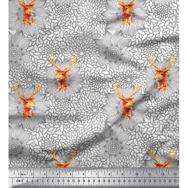 Soimoi Poly Georgette Fabric Artistic Flower & Reindeer Face Animal Decor Fabric Printed Yard 52 Inch Wide