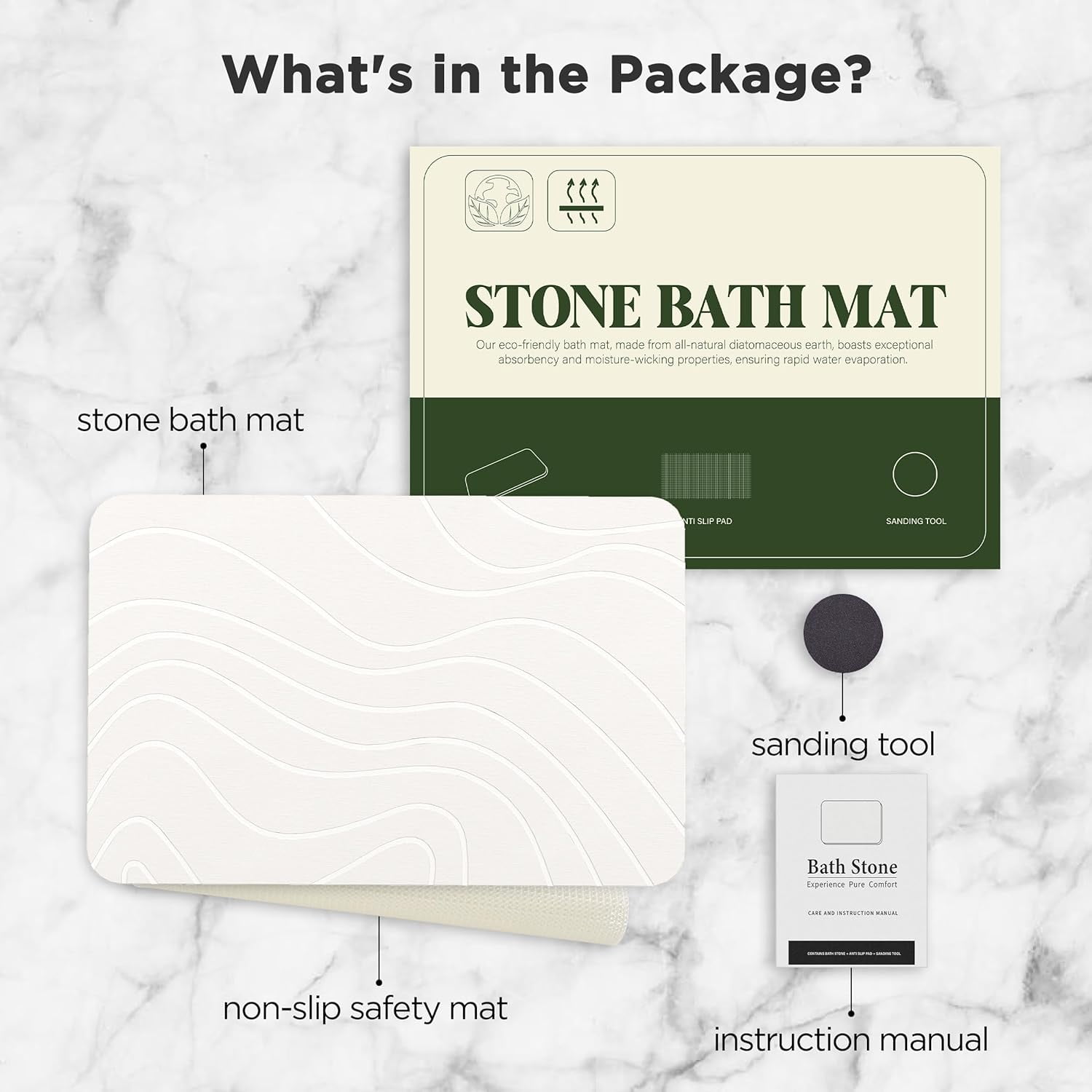 HBlife Stone Bath Mat, Diatomaceous Earth Bath Mat Bathmat, Non Slip Super Absorbent Quick Drying Diatomite Stone Bath Shower Mat for Bathroom, 23" x 15", White