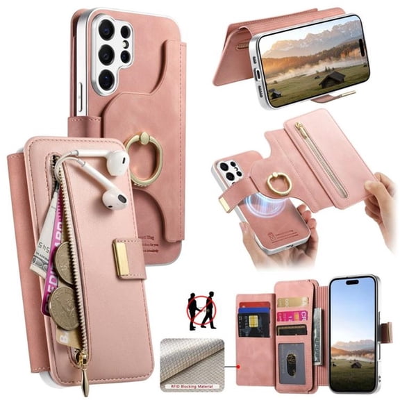 Wallet Case for Samsung Galaxy S26 Ultra 5G 6.9" 2-in-1 PU Leather【RFID Blocking】Flip Card Holder Zipper Pocket, Metal Ring Stand Shockproof Magnetic Detachable Cover,Pink,For Galaxy S26 Ultra 5G