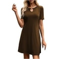 thumbnail image 2 of Summer Saving Wycnly Womens Dresses Casual Comfy Breathable Keyhole Tunic Tshirt Knee-Length Dresses Summer Solid Round Neck Short Sleeve Formal Midi Dress Brown s, 2 of 5