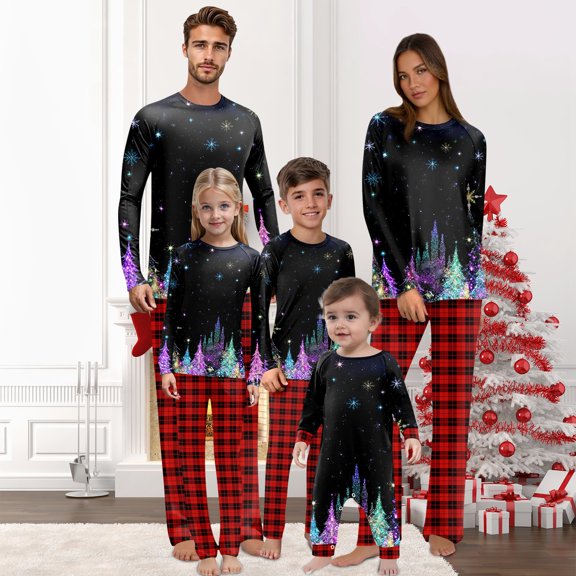 Onlypjs Family Matching Christmas Pajama Set for Men, Women and Couples – Colorful Tree & Snowflake Print Tops with Red Plaid Pants