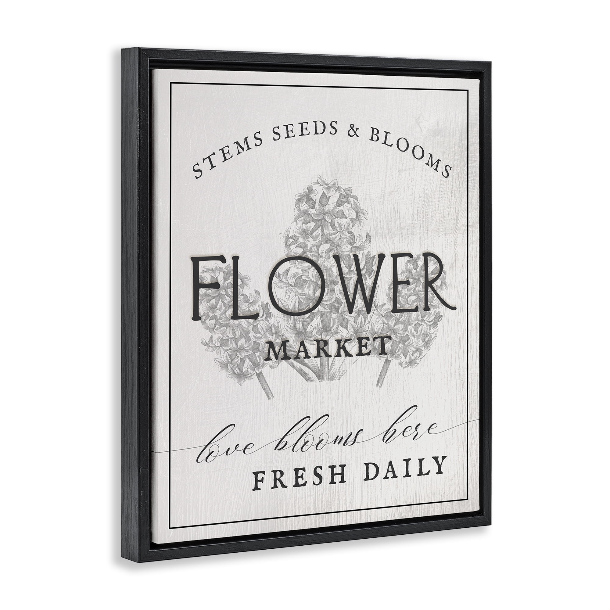 Stupell Industries Flower Blooms Market Typography Painting Black Floater Framed Canvas Art Print Wall Art, 25 x 31