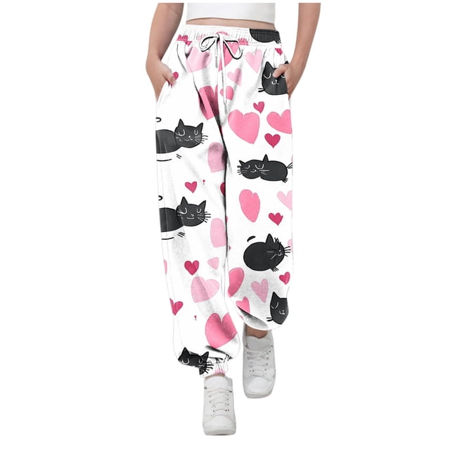 Pantalones largos para niños y niñas con estampado de cintura elástica y cordón con bolsillo, pantalones largos de cintura alta, pantalones de algodón para niña