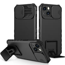 ELEHOLD Slim Case for iPhone 15 with Sliding Camera Lens Cover Built-in Foldable Kickstand Full Protective Shockproof Hard PC Case for iPhone 15,Black