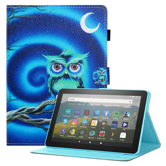 Allytech for Kindle Fire HD 10 Case(11th Generation 2021), Premium PU Leather Drop Proof Folio Stand Card Slots Pen Holder Case with Auto Sleep Wake for Fire HD 10 Plus 2021, Moon Owl