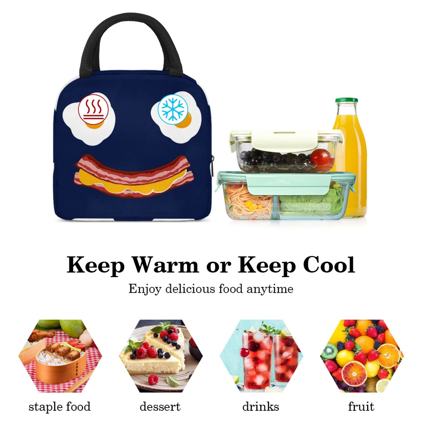 ERJLKXP Funny Fried Egg Bacon Insulated Lunch Bags for Women and Men,Adult Reusable Lunch Tote Bag for Work,cooler bag