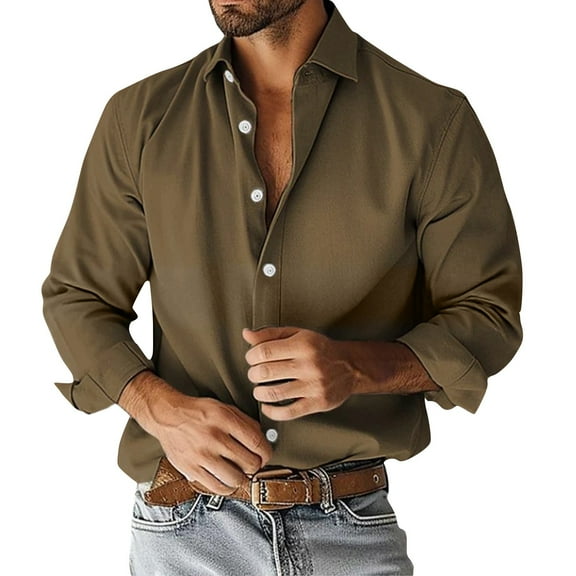WTOBBY Men's Solid Business Shirt Long Sleeve Lapel Collar Casual Fashion Button Front Cotton Blend Office Wear Breathable Classic Fit Dress Top,Army Green L
