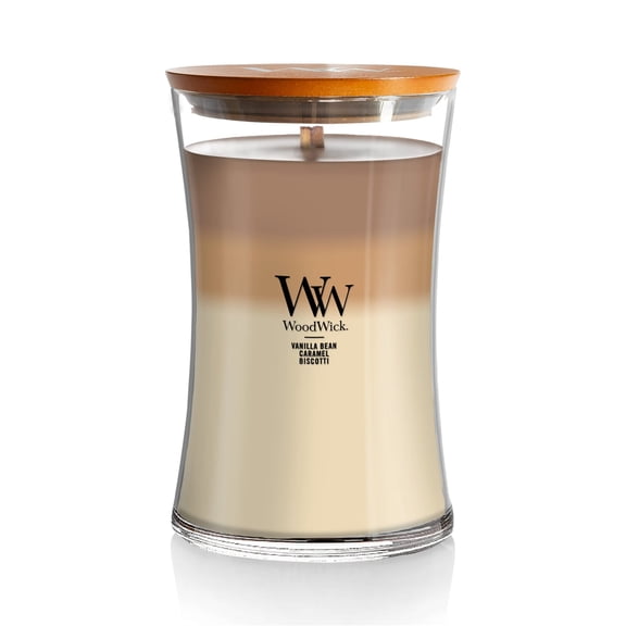 WoodWick Large Cafe Sweets Trilogy Hourglass Scented Candle, Crackles as it Burns, Vanilla Bean | Caramel | Biscotti, 21.5 oz
