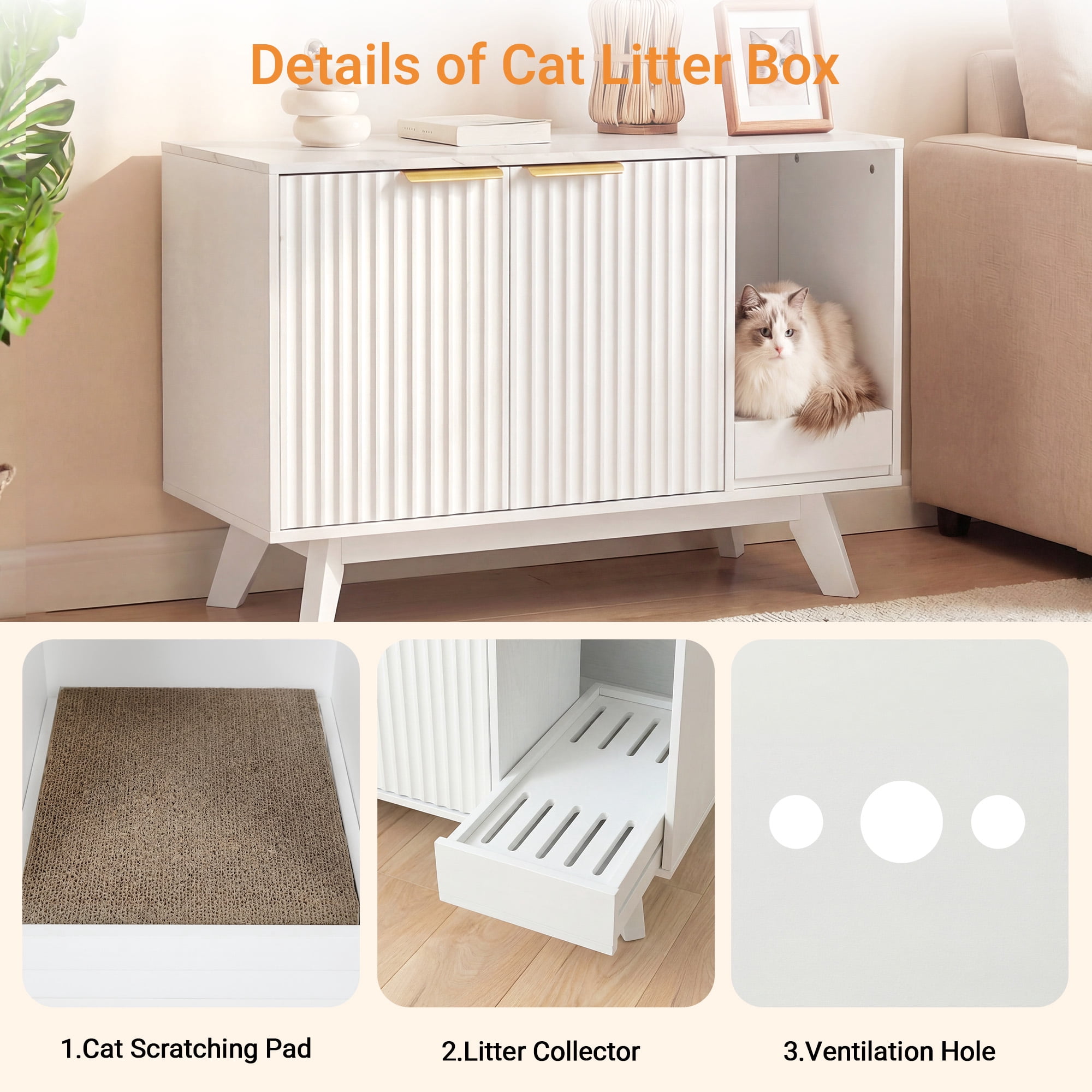 Innovar Modern Cat Litter Box Enclosure - 31.5" Hidden Cat Litter Box Furniture for 2 Cats, Indoors Cats Washroom Cabinet with Divider & Scratching Pad for Living Room Bedroom,White/Marble Top