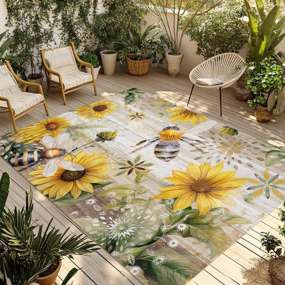 Fsddascl Sunflower Outdoor Rug for Patio/Deck/Porch, Non-Slip Large Area Rug 4 x 6 Ft, Vintage Summer Bee Botanical Farmhouse Indoor Outdoor Rugs Washable Area Rugs, Reversible Camping Rug Carpet