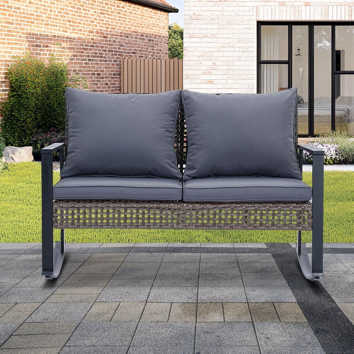 Ainfox Outdoor Patio Furniture Rocking Loveseat, Wicker Rattan Sofa,Grey
