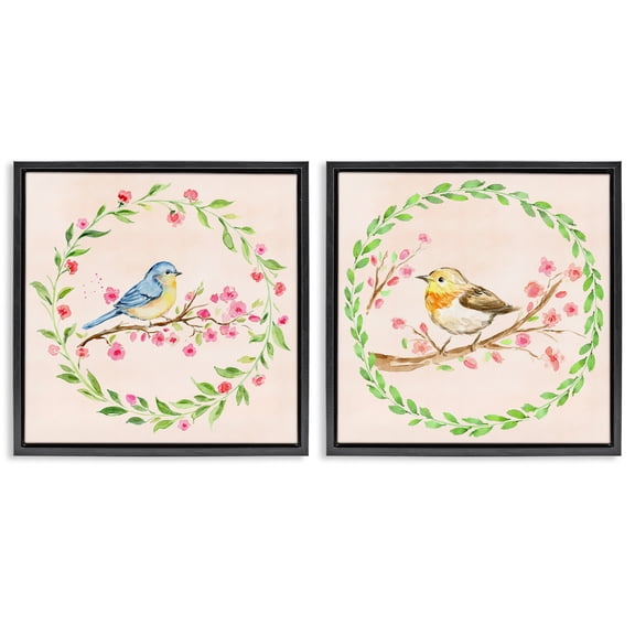 Spring Branches & Wreath Birds 2 Piece Black Framed Floater Canvas Set, design by Elena Fay