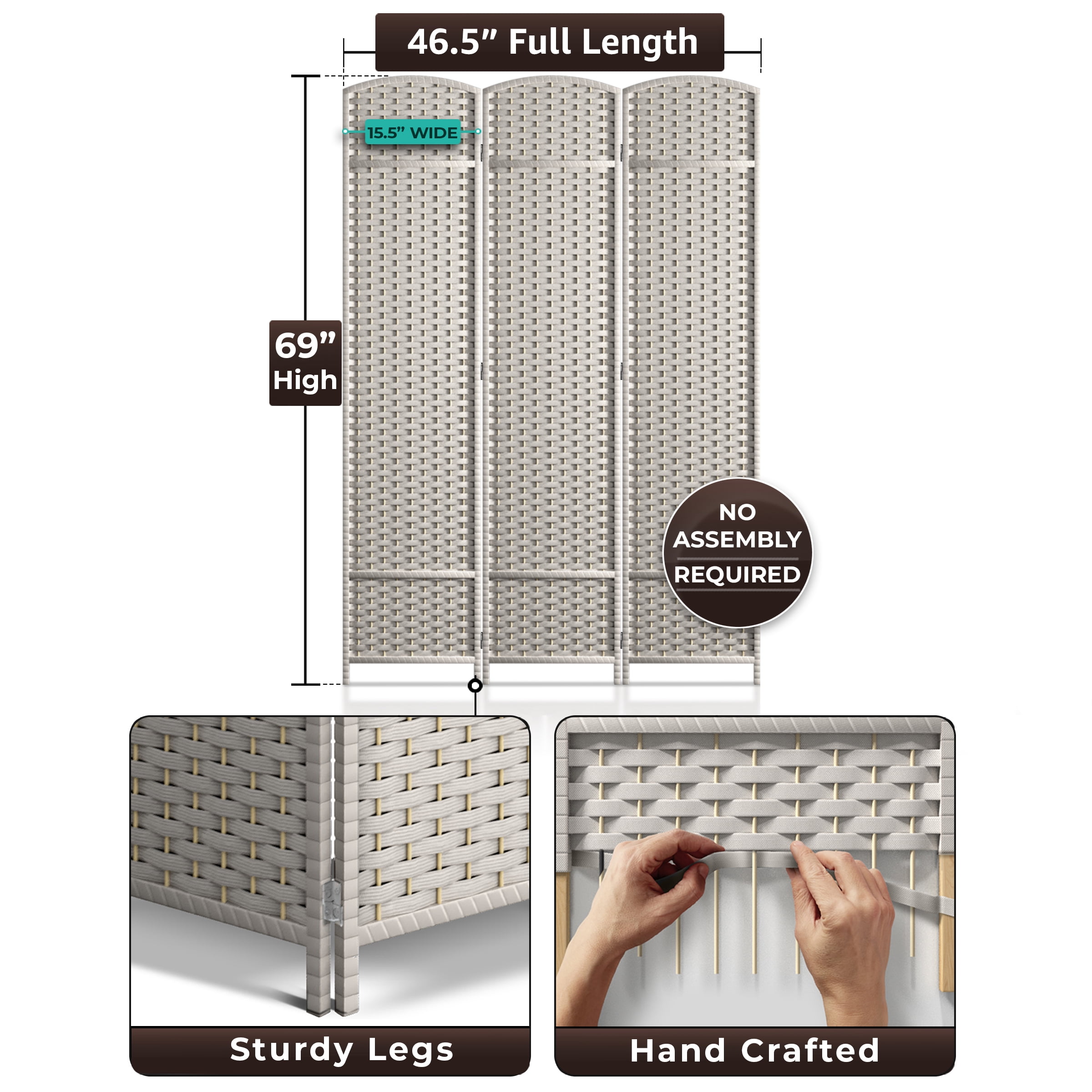 Sorbus 3-Panel Wide Folding Room Divider Privacy Screen, Hand-Woven Beige Mesh