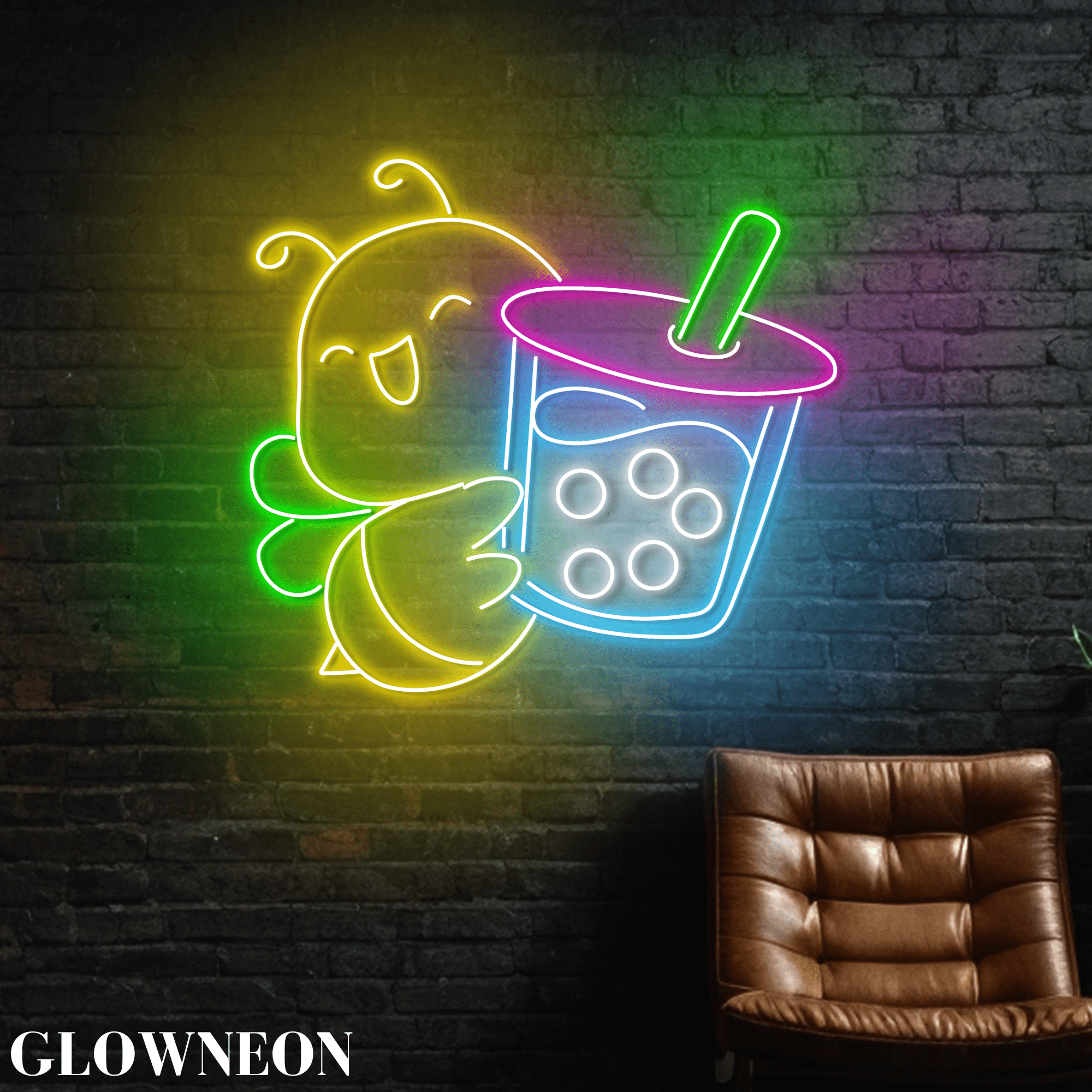 Glowneon Bee With Boba Tea Led Sign, Open Boba Milk Tea Shop Light