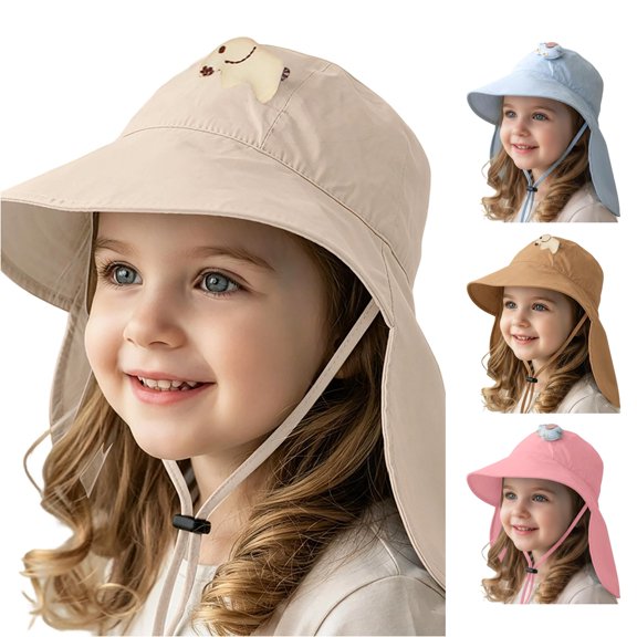 Krdevn Cartoon Bear Kids Neck Flap Sun Hat UPF 50 Adjustable Chin Strap Breathable Beach Fisherman Cap Toddler Boys Girls