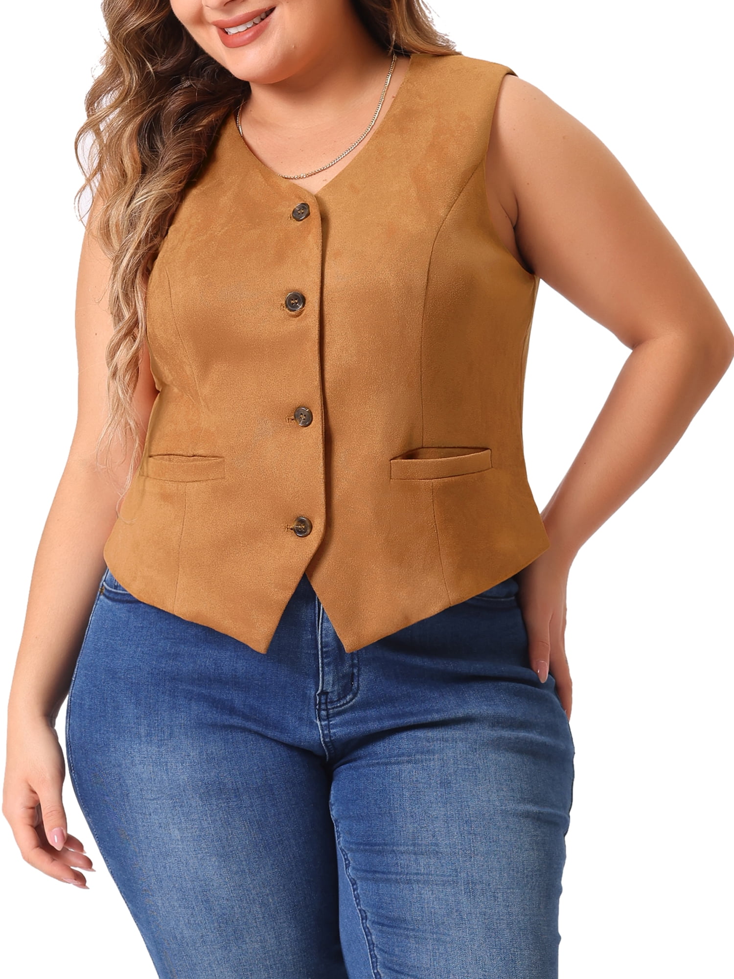 DARING DIVA Women's Plus Size Fully Lined 4 Button V-Neck Dressy Suit Vest 1X Brown