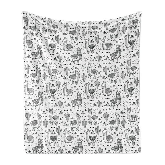 Llama Soft Flannel Fleece Throw Blanket, Abstract Triangles Doodle Style Alpacas in Monochrome Cartoon Pattern, Cozy Plush for Indoor and Outdoor Use, 60" x 80", White Charcoal Grey, by Ambesonne