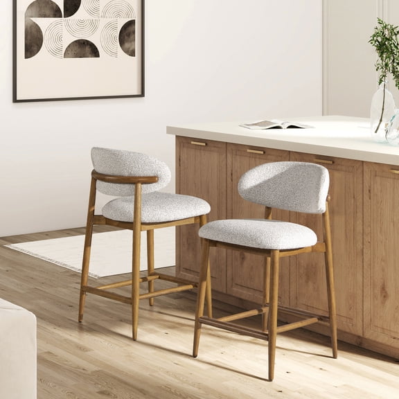 Locke 26.5" Modern Upholstered Counter Stool with Wood Frame, Salt & Pepper Boucle