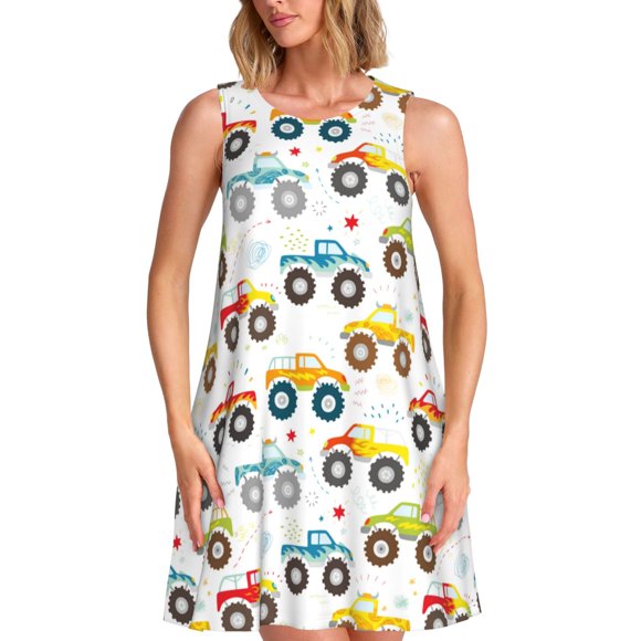 Bixox Cartoon Monster Trucks Print Women's Sleeveless A-Line Dress with Pockets, Casual Knee-Length Tank Dress for Summer-XX-Large