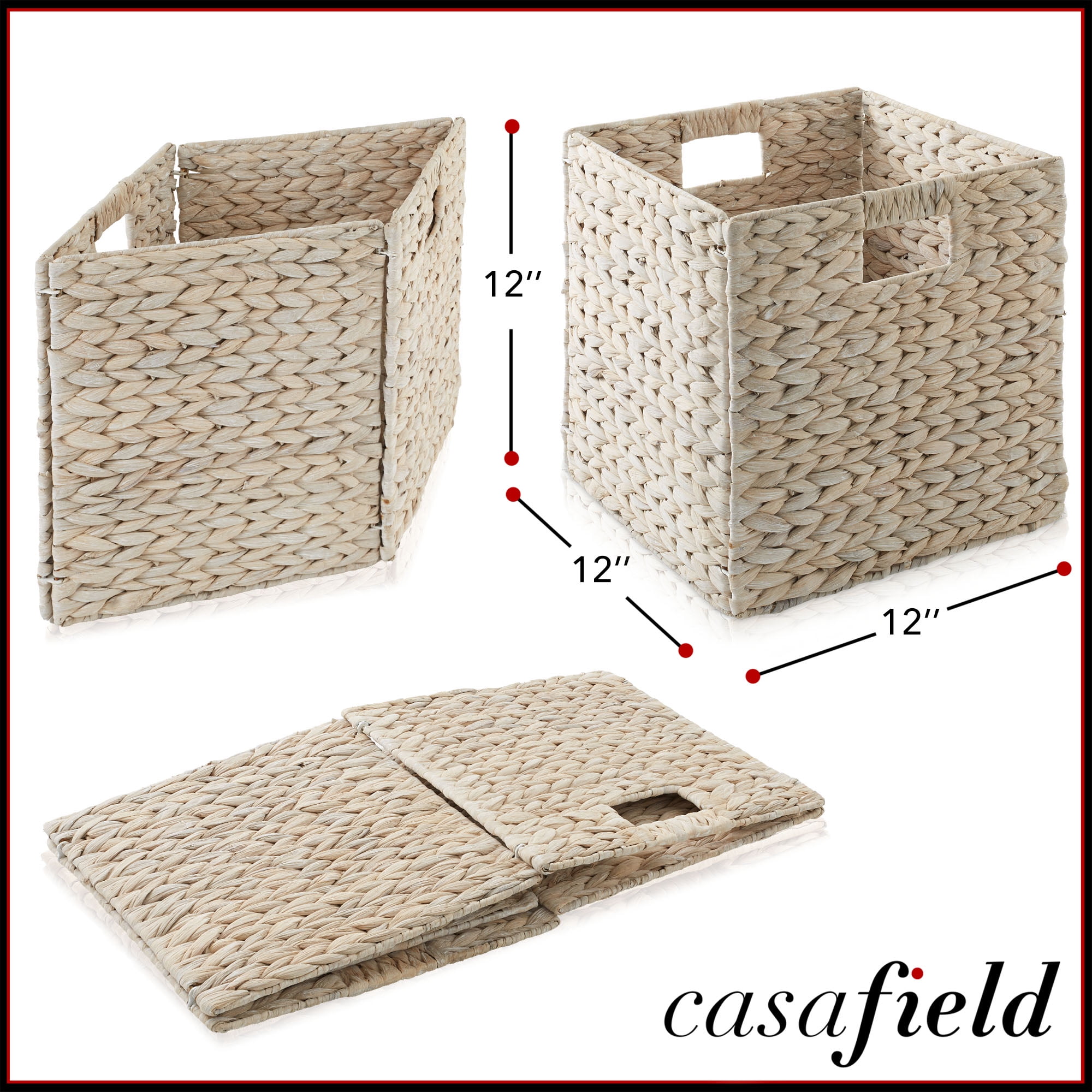 Casafield 12" x 12" Water Hyacinth Storage Baskets, Whitewash - Set of 6 Collapsible Cubes, Handwoven Organizer BIns for Bathroom, Bedroom, Laundry
