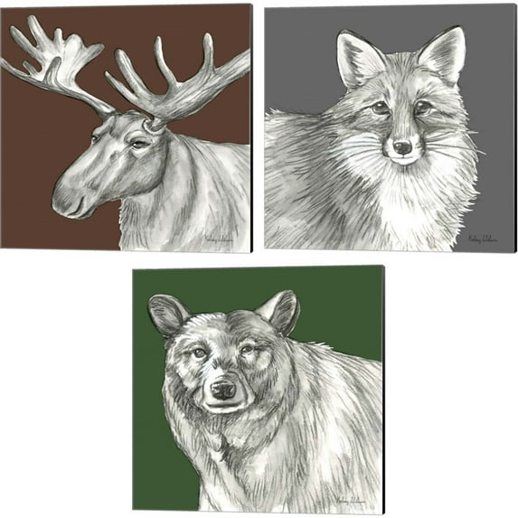 Great Art Now Watercolor Pencil Forest Color (Moose, Fox & Deer) by Kelsey Wilson 3 Piece Canvas Art Set Each 14"W x 14"H