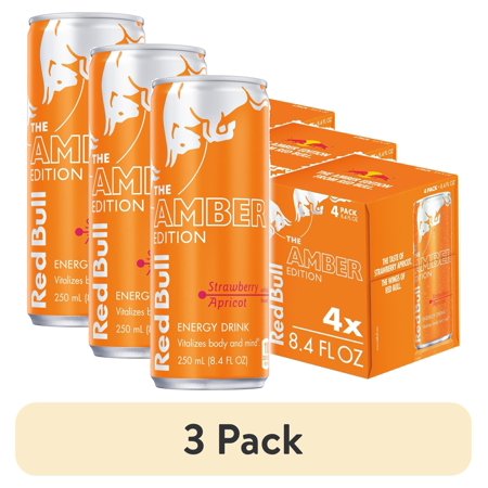 (3 pack) Red Bull Amber Edition Energy Drink, Strawberry Apricot, 80mg Caffeine, 8.4 fl. oz., Pack of 4 Cans