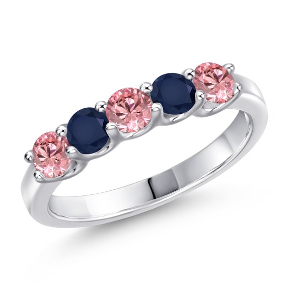 Gem Stone King 925 Sterling Silver Pink Lab Grown Diamond and Blue Sapphire Wedding-Bands Ring for Women | 0.98 Cttw | Round 3.5MM | Gemstone April Birthstone | Size 5