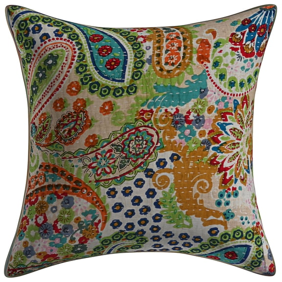 DK Homewares Indian Decorative Sofa Throw Pillow Cover 16x16 Inch Cotton Kantha Paisley Bohemian Square Couch Cushion Cover (Size - 40x40 cm ; Color: Beige ) - 1 Pcs (Cover Only)