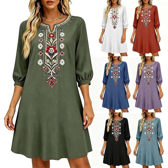 Womens Summer Dresses Plus Size 3/4 Sleeve V-Neck Casual Boho Embroidered Summer Casual Loose Beach Sundresses