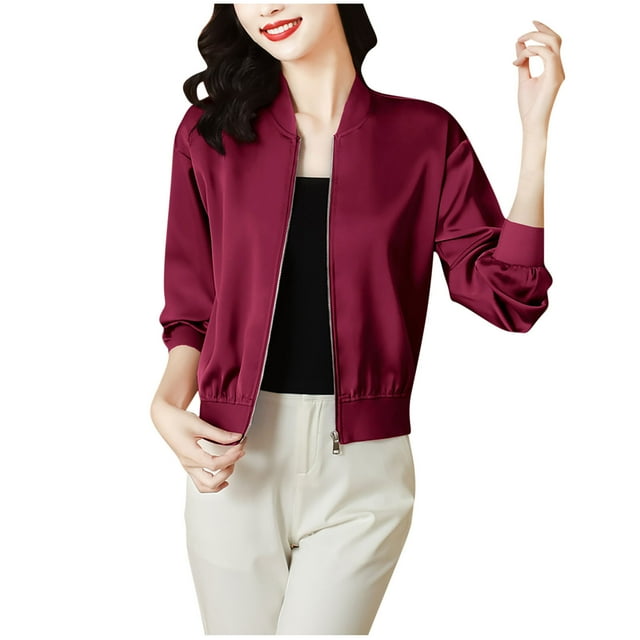 GreatBaby Blouses Courtes Mode pour Femmes Automne Confortables Manches Longues Élastiques Col Rond Fermeture Éclair Tissu Léger (Vin, G)