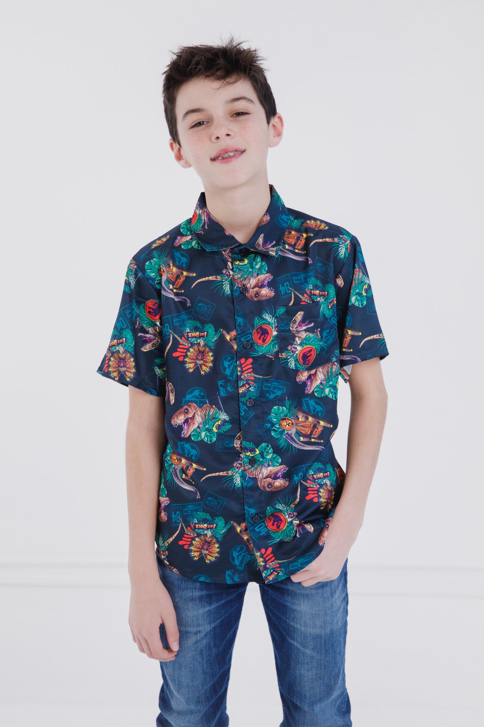 Jurassic World - Brandclub - Jurassic World Park T-Rex Toddler Boys  Hawaiian Button Down Shirt Toddler to Big Kid