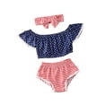 thumbnail image 6 of Infant Baby Girls Clothes Sets 3pcs Off Shoulder Ruffles Sleeve T Shirts Tops+Shorts+Headband Girl Clothes, 6 of 7