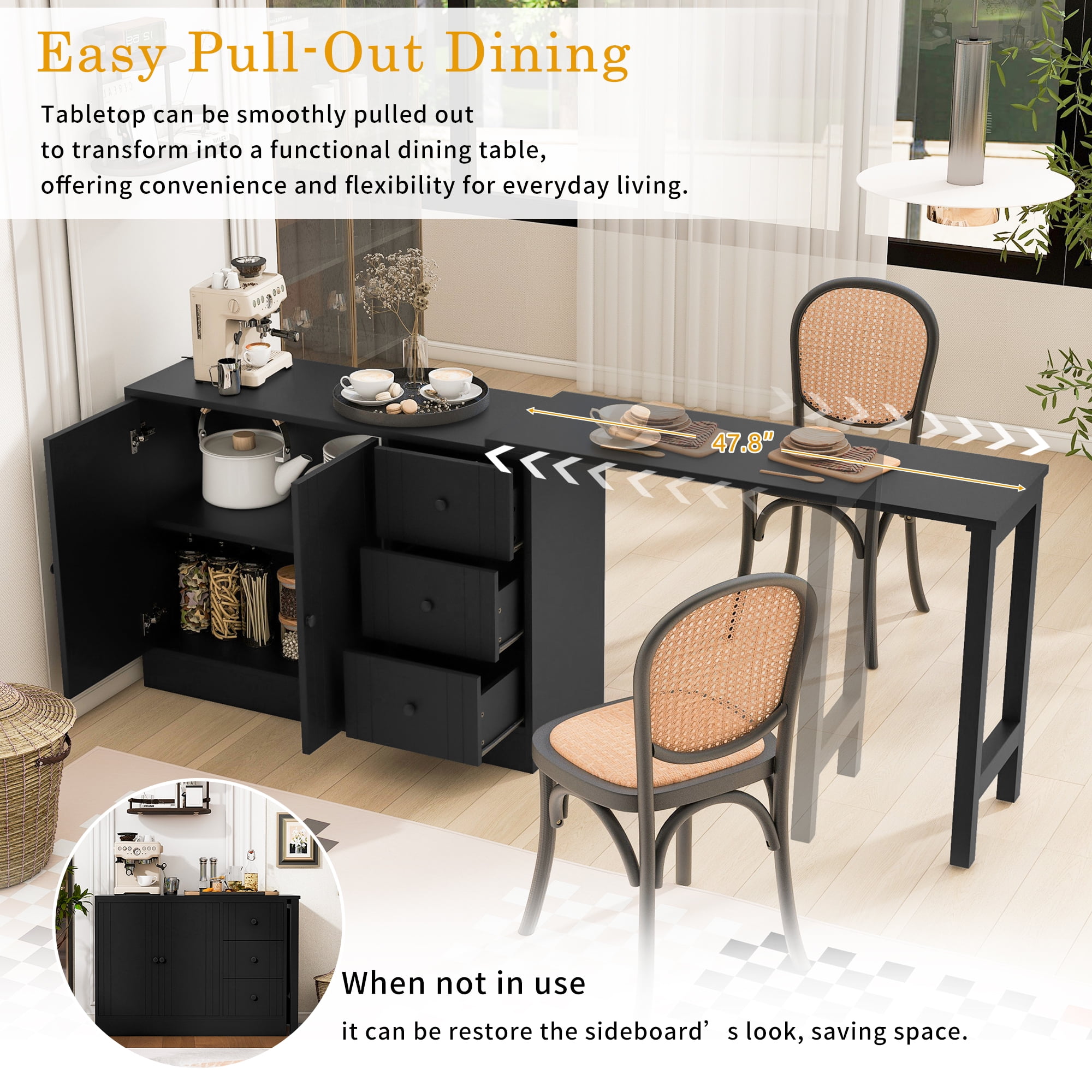 Aukfa Space-Saving Sideboard with 47" Extendable Dining Table,Buffet Cabinet for Kitchen Dining Living Room,Black